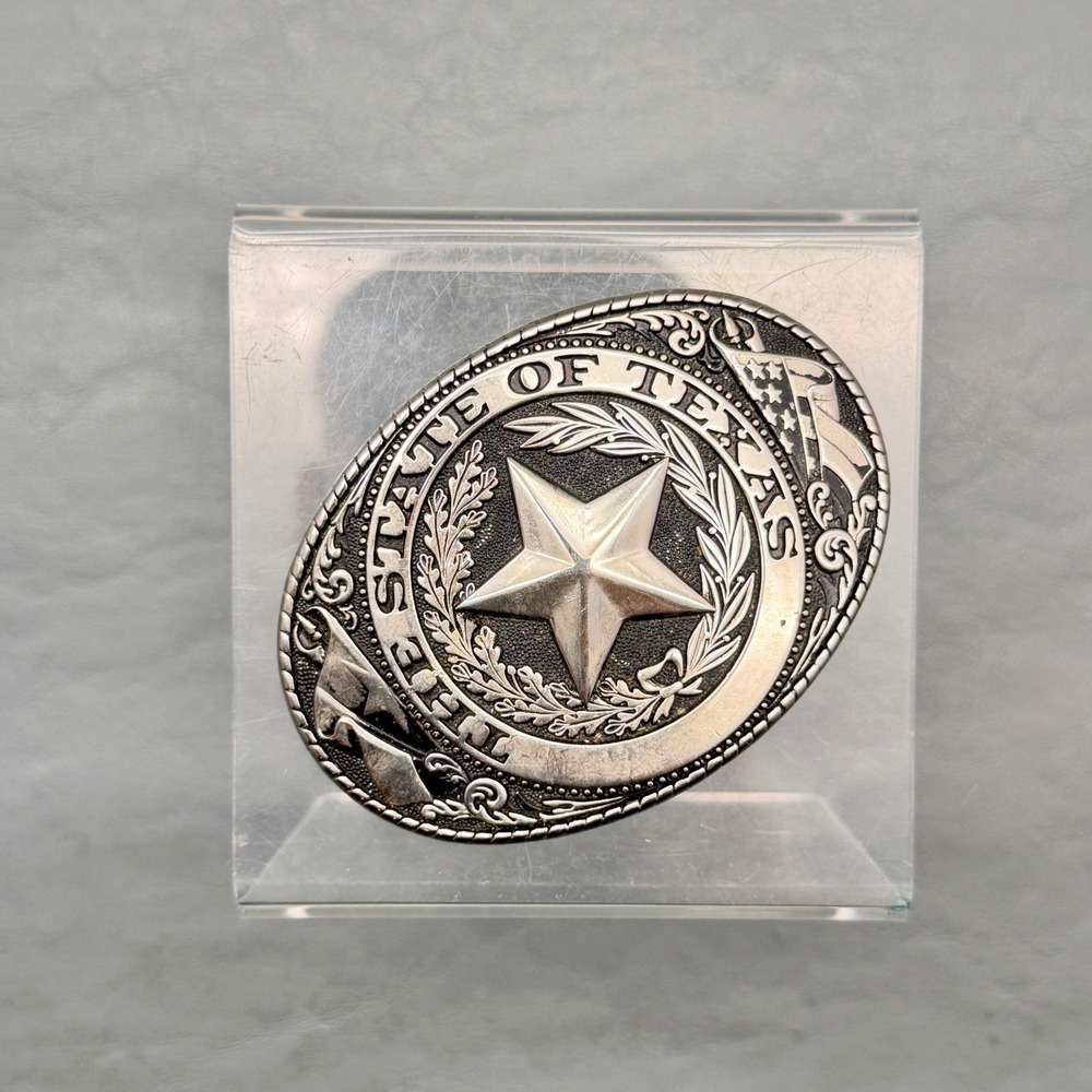 Vintage The State Of Texas Lone Star Flag Silver Tone Metal Belt Buckle